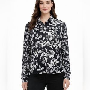 Croft & Barrow Women's Button Front Shirt Medium Black White Leaf Print Linen Bl